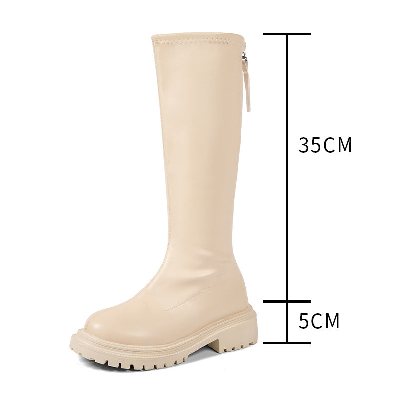 Leather Round Toe Long Boots