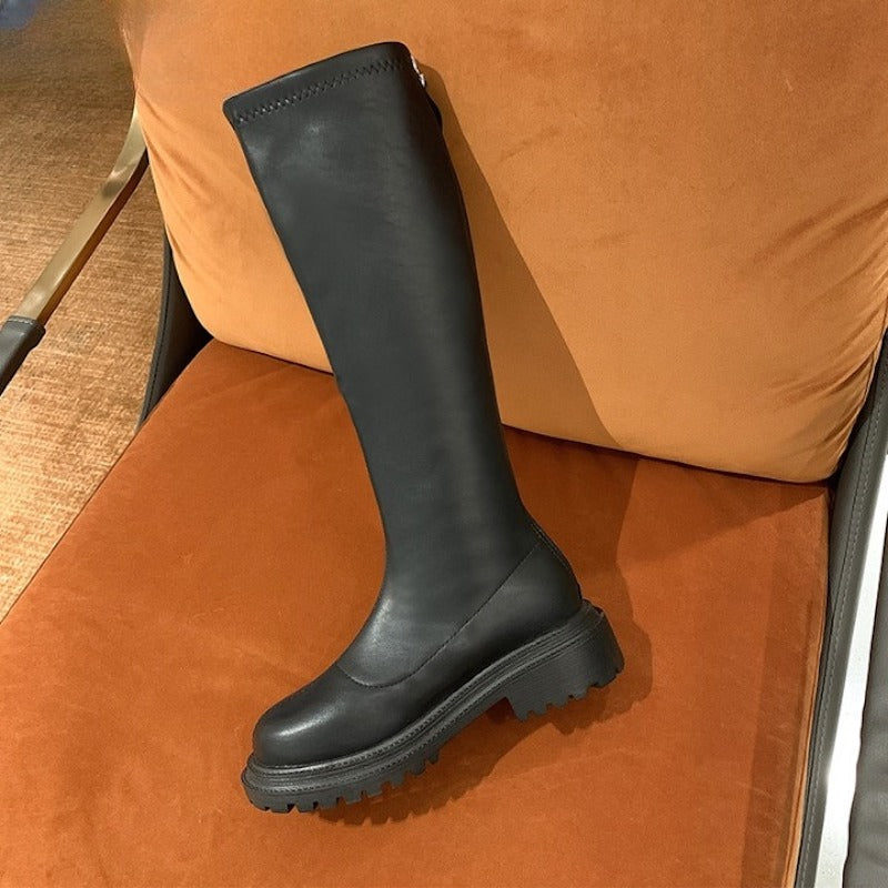 Leather Round Toe Long Boots
